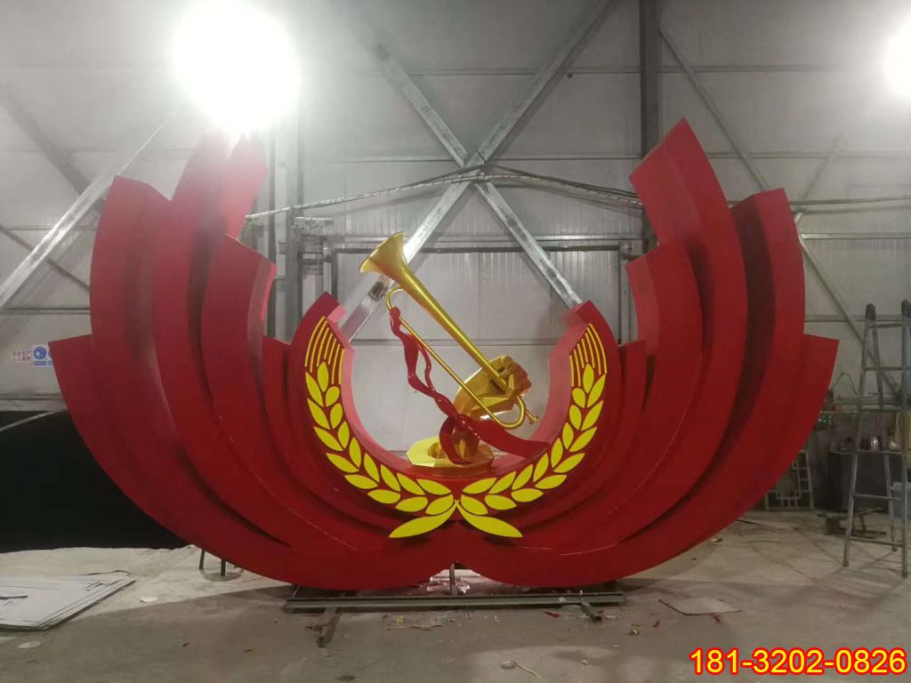 不锈钢党建主题麦穗和军号雕塑